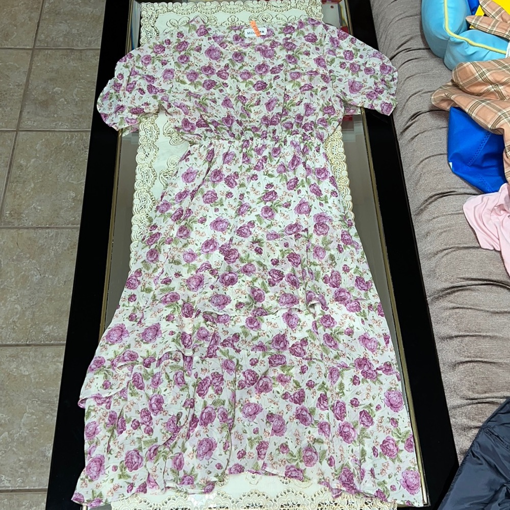 Cream chiffon dress with pink floral print